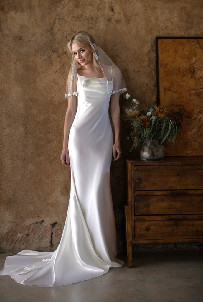 Evelise Promise Draped Cowl-Neck Satin Bridal Gown