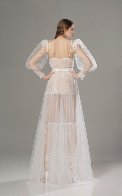 Elowen Veil Lace Puff-Sleeve Long Robe