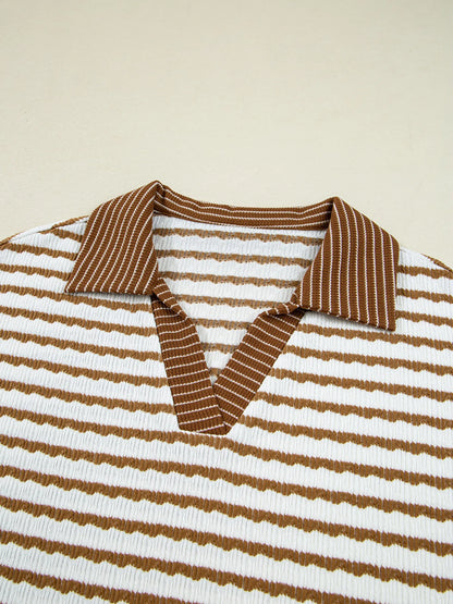 Stripe Collared Top and Drawstring Pant Set by Trendsi