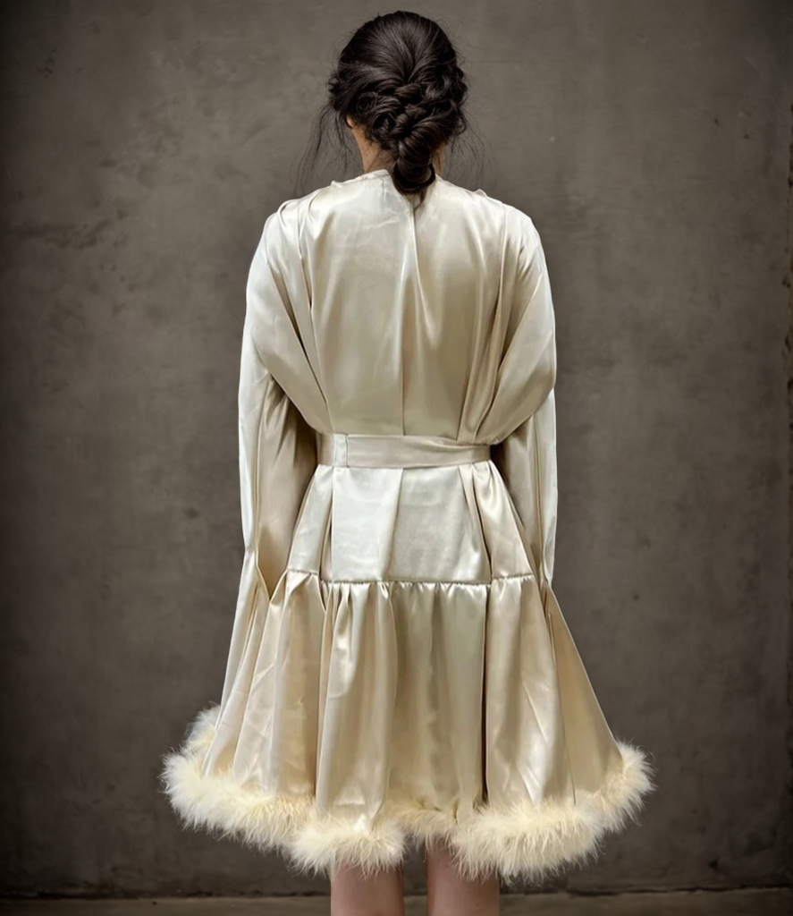 Mireya Plush Feather-Trim Short Satin Robe