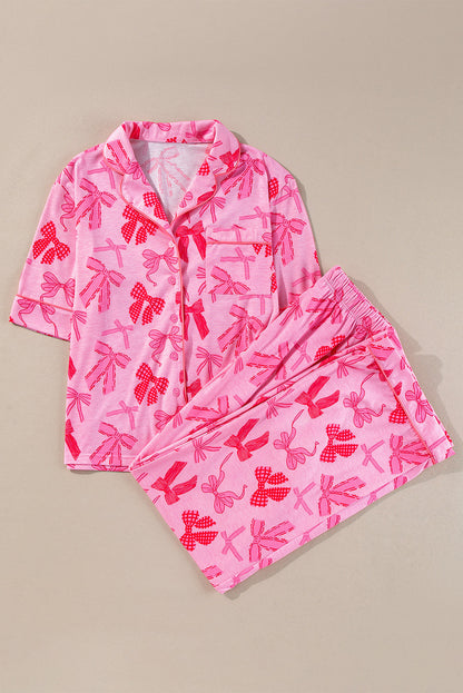 Pink Bow Knot Print Lapel Collar Short Sleeve and Pants Pajamas Set