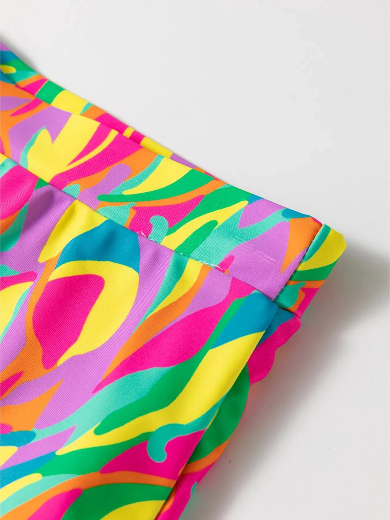 Multicolour Abstract Print Textured Spaghetti Strap High Waist Bikini Set by Trendsi