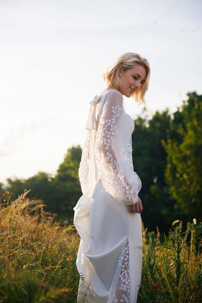 Estelle Promise Square-Neck Embroidered-Sleeve Wedding Dress