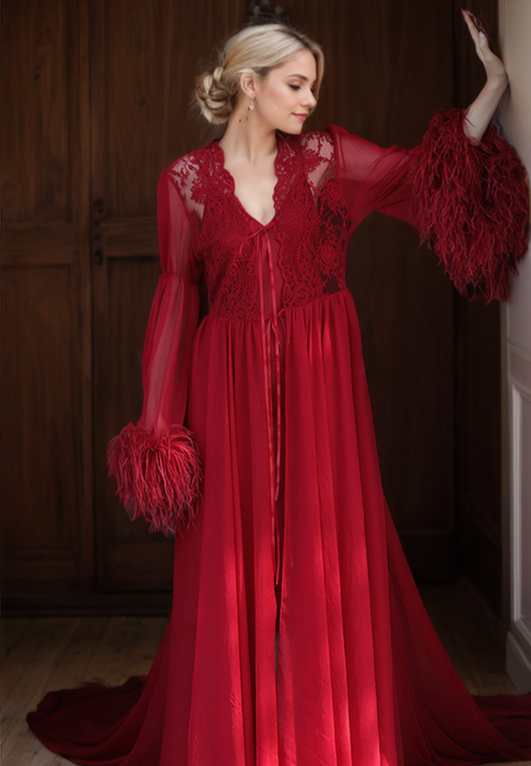 Adela Lace Feather-Trim Sheer Long Robe