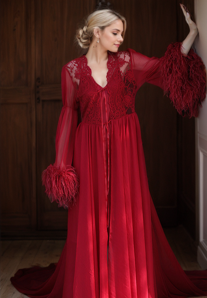 Adela Lace Feather-Trim Sheer Long Robe
