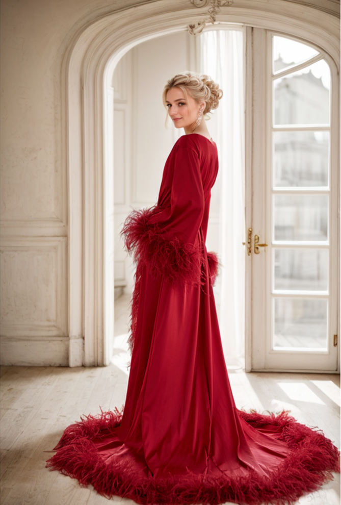 Sabine Plume Long Satin Robe with Train