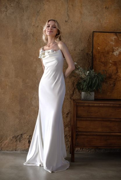 Evelise Promise Draped Cowl-Neck Satin Bridal Gown