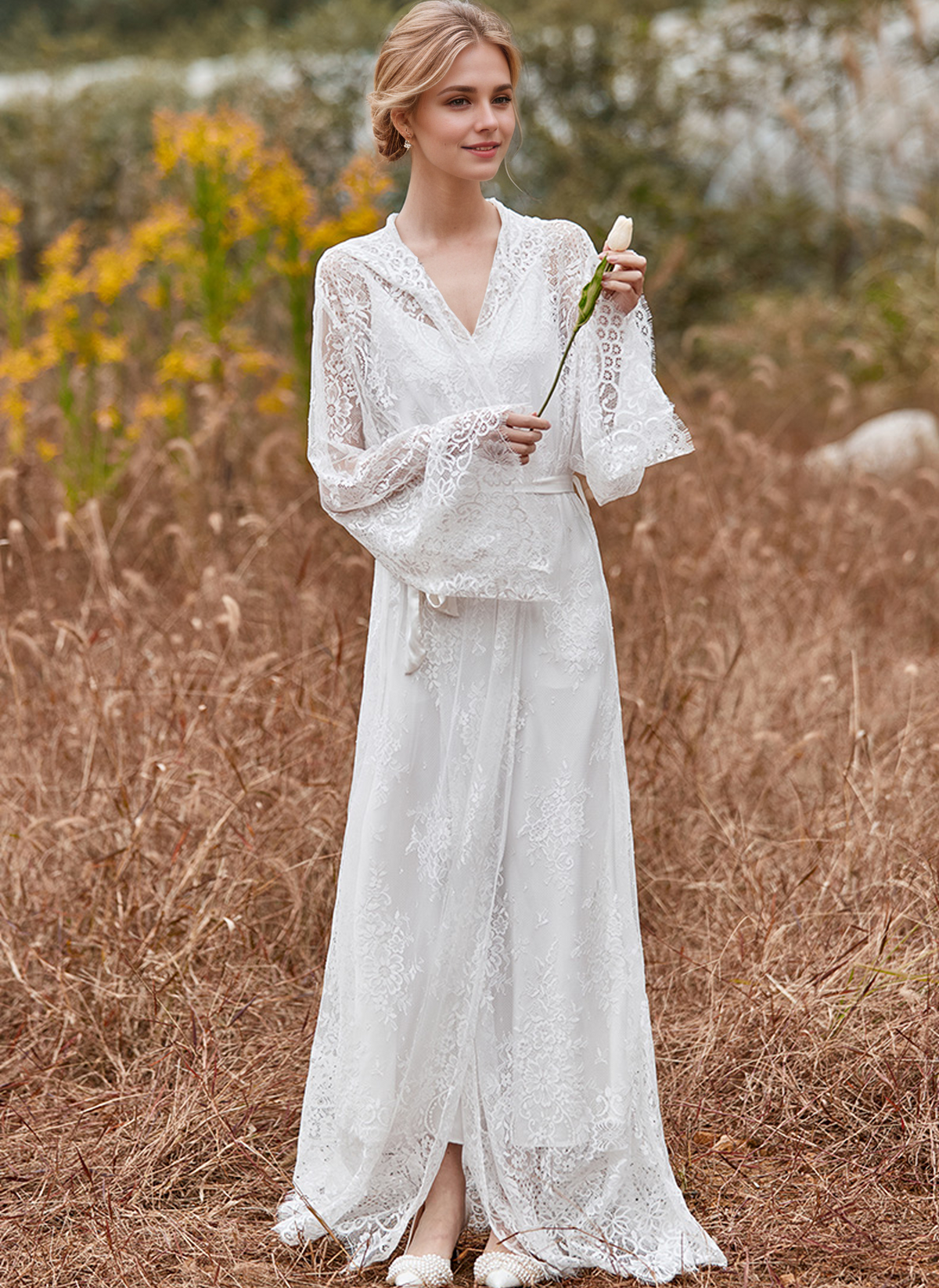 Elspeth Veil Hooded Lace Robe and Satin Slip Set