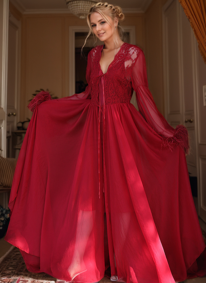 Adela Lace Feather-Trim Sheer Long Robe