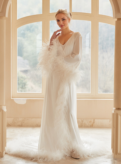 Sabine Plume Long Satin Robe with Train