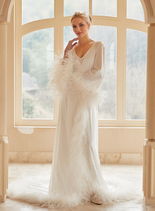 Sabine Plume Long Satin Robe with Train