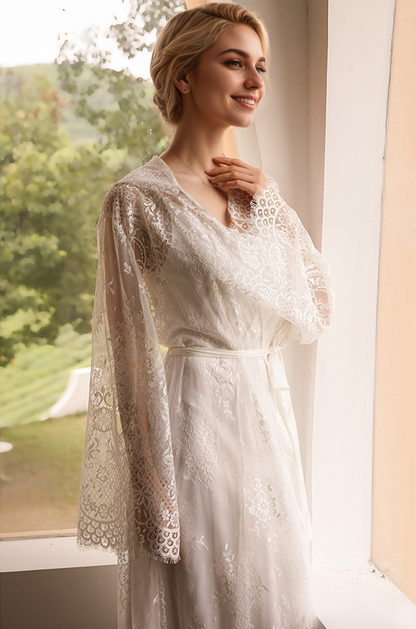 Elspeth Veil Hooded Lace Robe and Satin Slip Set