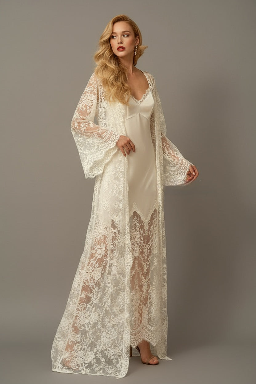 Viola Matin Lace Robe and Satin Nightgown Set