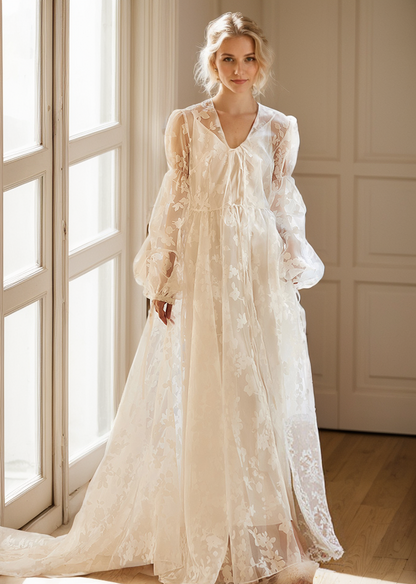 Mirella Heirloom Lace Bishop-Sleeve Bridal Robe