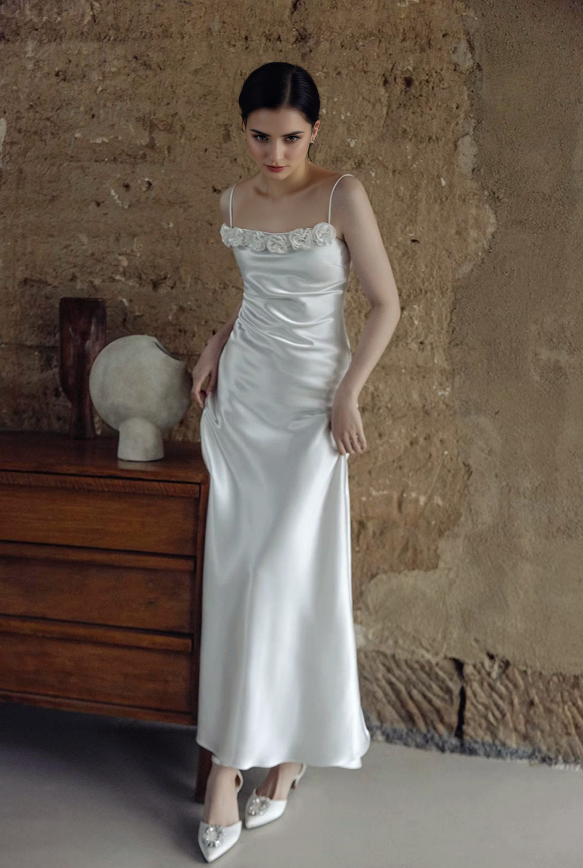 Rosalie Ceremony Rose-Trim Satin Slip Wedding Dress