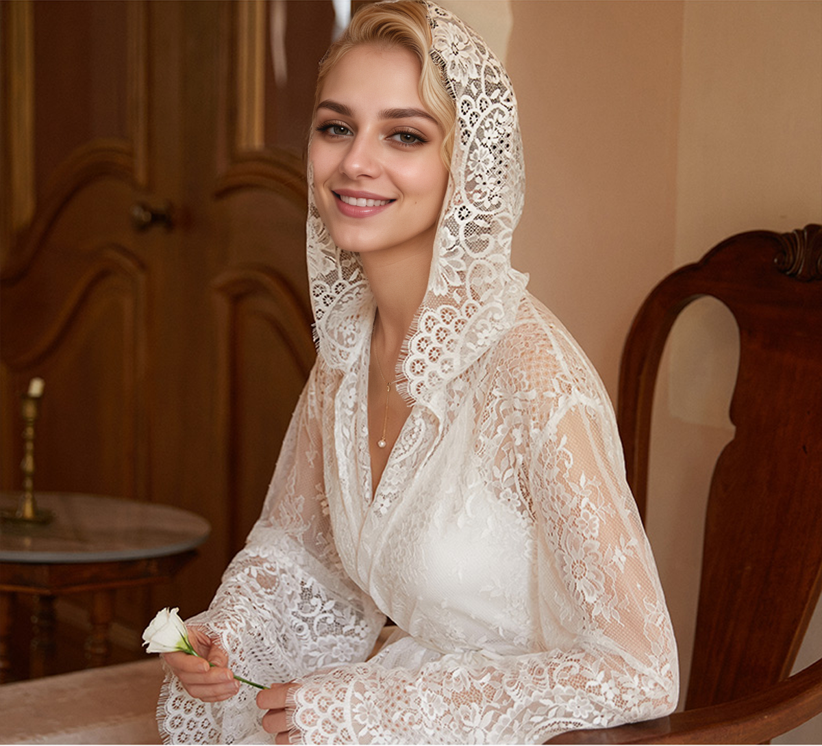 Elspeth Veil Hooded Lace Robe and Satin Slip Set
