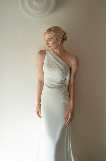 Aurette Line One-Shoulder Satin Wedding Gown