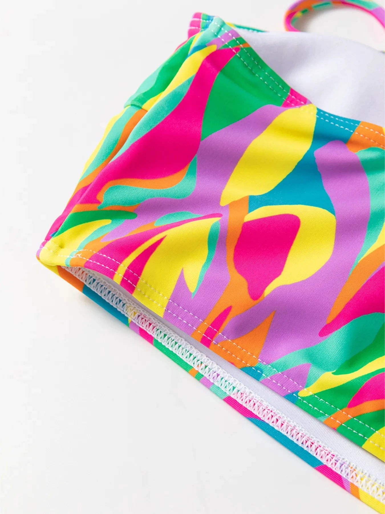 Multicolour Abstract Print Textured Spaghetti Strap High Waist Bikini Set by Trendsi