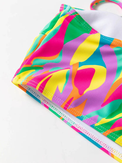 Multicolour Abstract Print Textured Spaghetti Strap High Waist Bikini Set by Trendsi