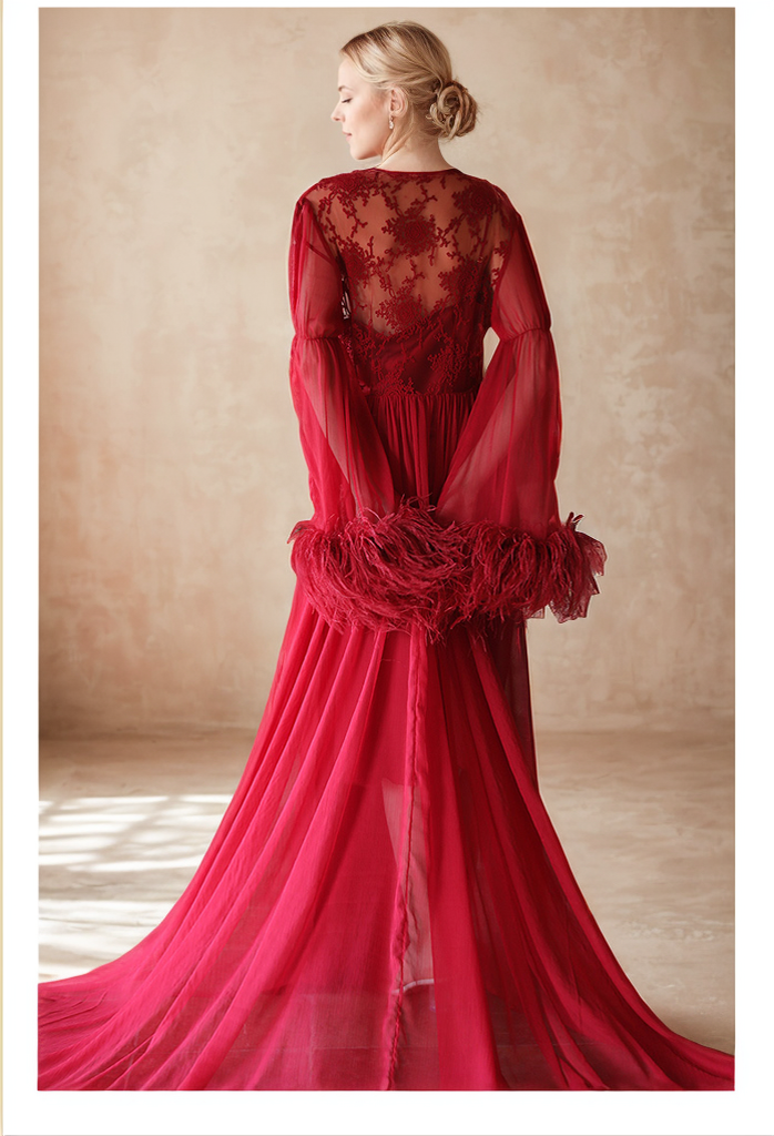 Adela Lace Feather-Trim Sheer Long Robe
