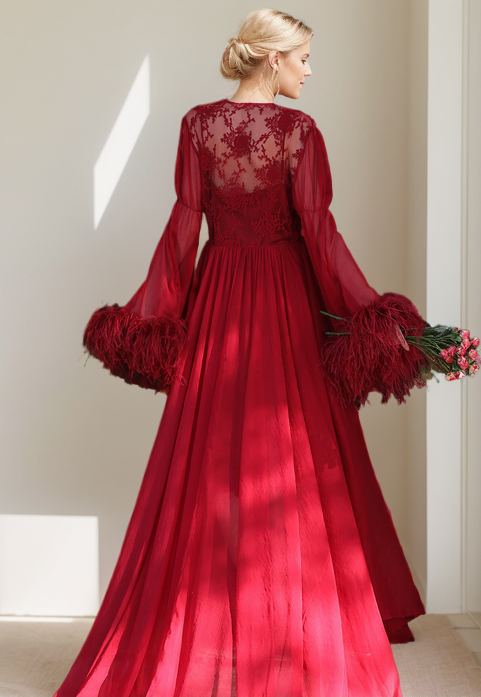 Adela Lace Feather-Trim Sheer Long Robe