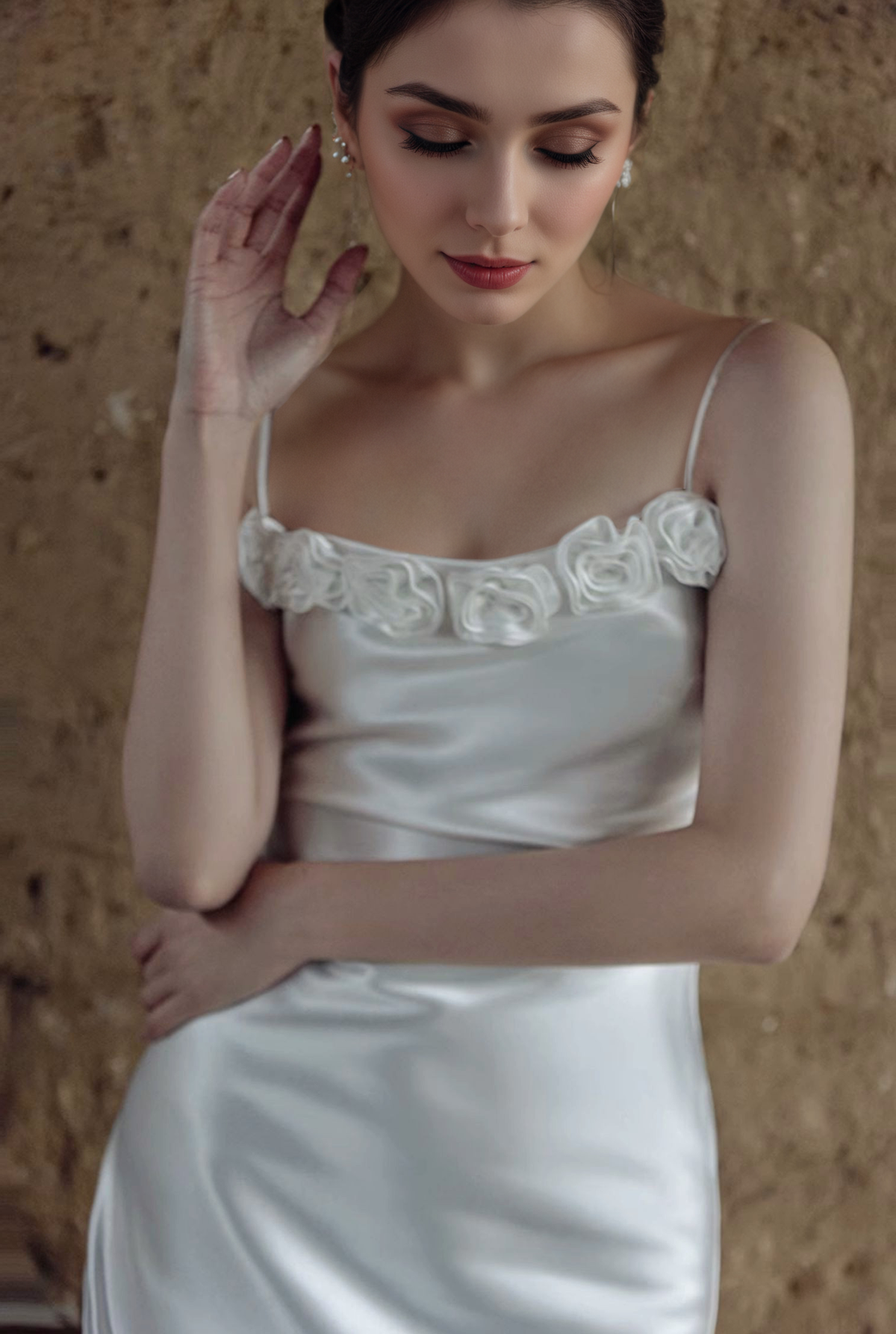 Rosalie Ceremony Rose-Trim Satin Slip Wedding Dress