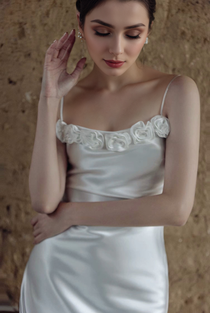 Rosalie Ceremony Rose-Trim Satin Slip Wedding Dress