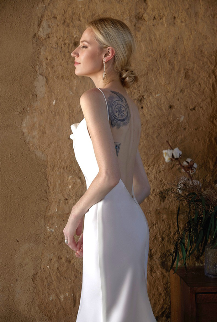 Evelise Promise Draped Cowl-Neck Satin Bridal Gown