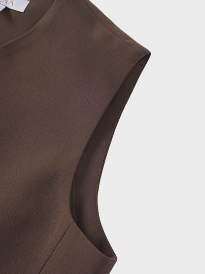 Button Down Crepe Vest-Brown by MEENA