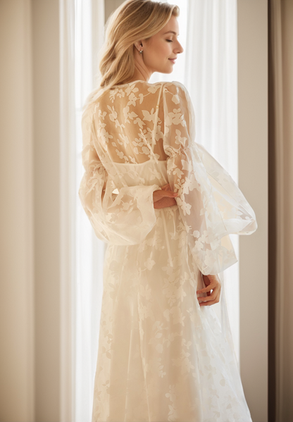 Mirella Heirloom Lace Bishop-Sleeve Bridal Robe