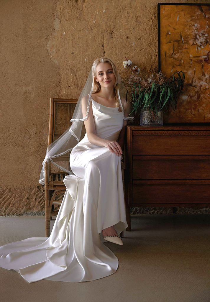 Evelise Promise Draped Cowl-Neck Satin Bridal Gown