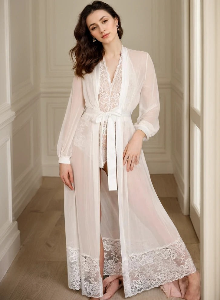 Clara Veil Sheer Lace Robe & Bodysuit Set