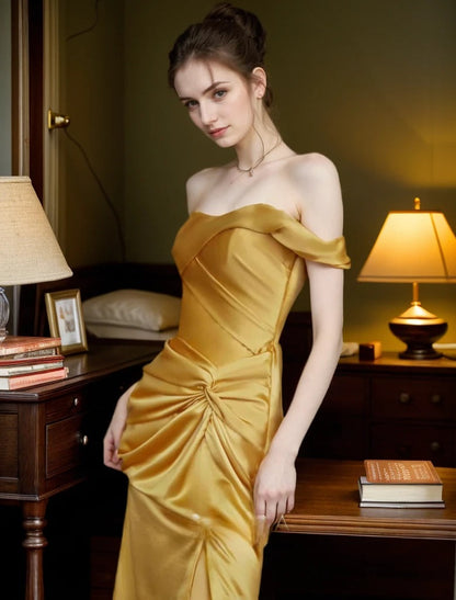 Gilded Interval Off-Shoulder Draped Satin Gown