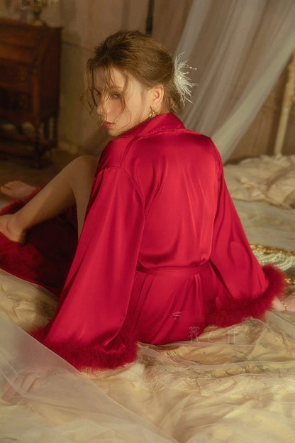 Vivian Poise Feather-Trim Satin Robe & Slip Set