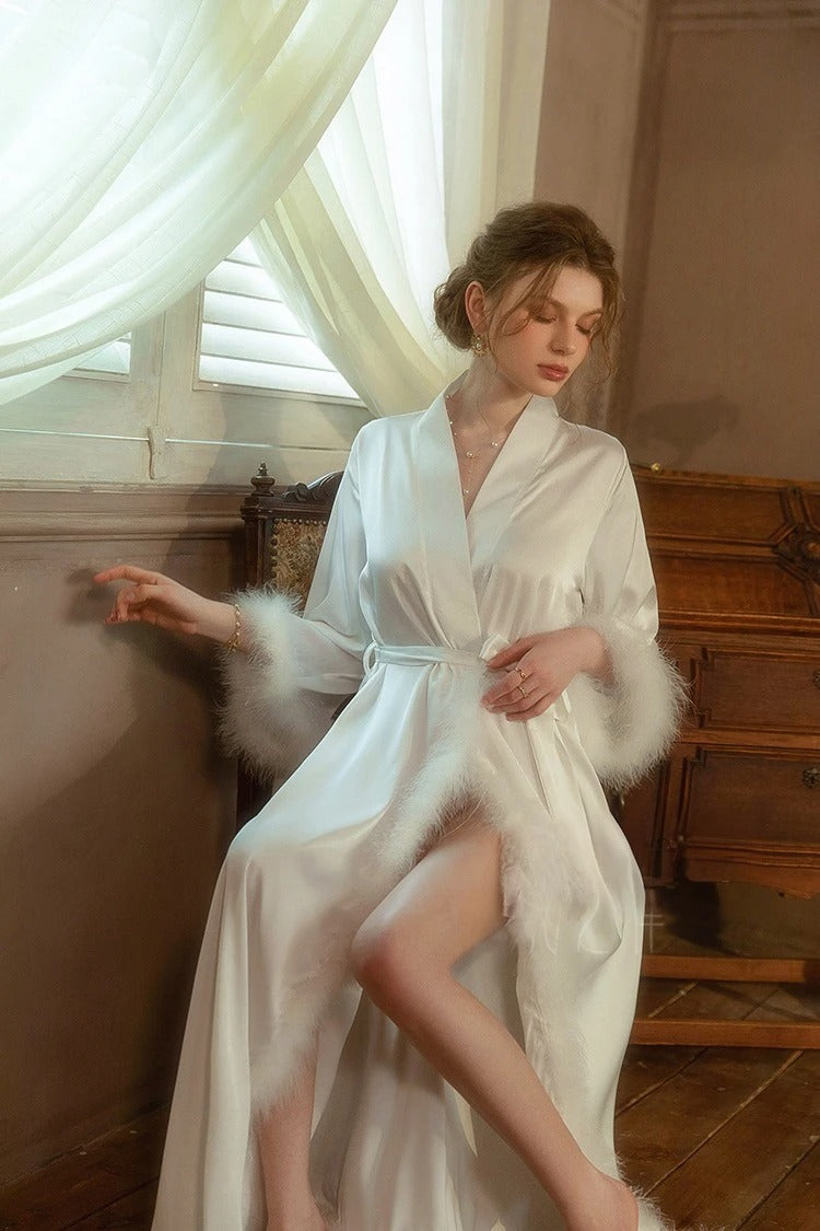 Vivian Poise Feather-Trim Satin Robe & Slip Set