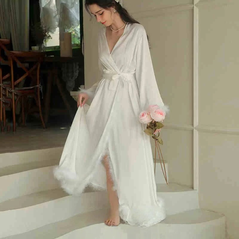 Vivian Poise Feather-Trim Satin Robe & Slip Set