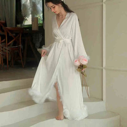 Vivian Poise Feather-Trim Satin Robe & Slip Set