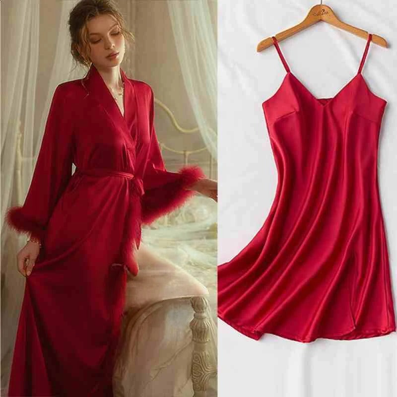 Vivian Poise Feather-Trim Satin Robe & Slip Set