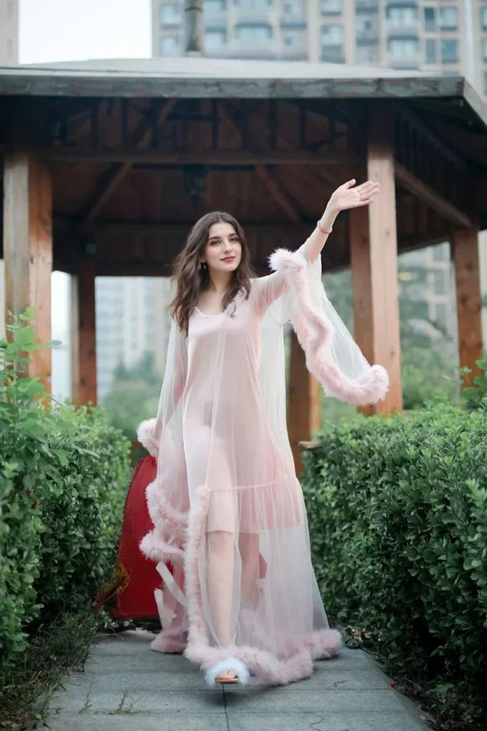 Featherlight Reverie Tulle Robe and Nightgown Set
