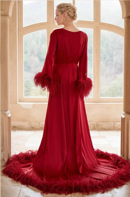 Sabine Plume Long Satin Robe with Train
