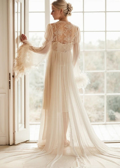 Adela Lace Feather-Trim Sheer Long Robe