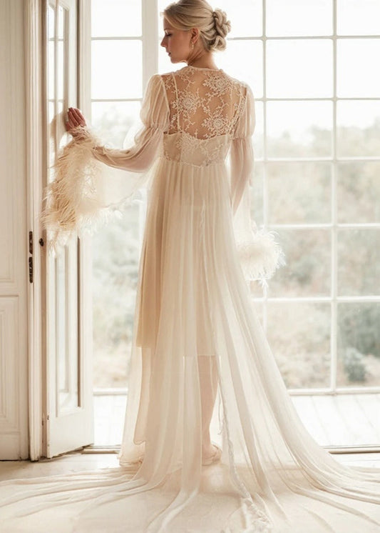 Adela Lace Feather-Trim Sheer Long Robe
