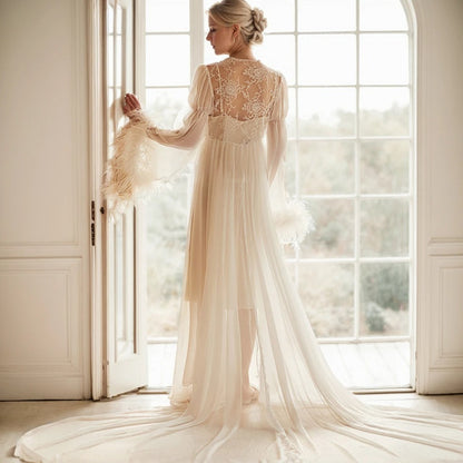 Adela Lace Feather-Trim Sheer Long Robe