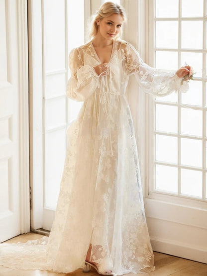 Mirella Heirloom Lace Bishop-Sleeve Bridal Robe