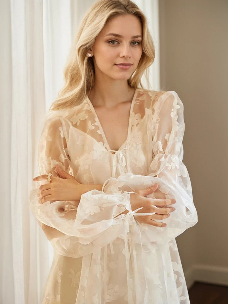 Mirella Heirloom Lace Bishop-Sleeve Bridal Robe