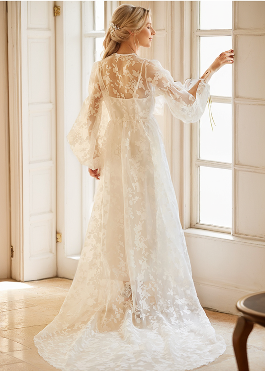 Mirella Heirloom Lace Bishop-Sleeve Bridal Robe