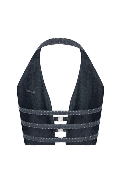 JENDUE Solen Crop - Denim Halter Top with Buckle Detail - Ansley Effect