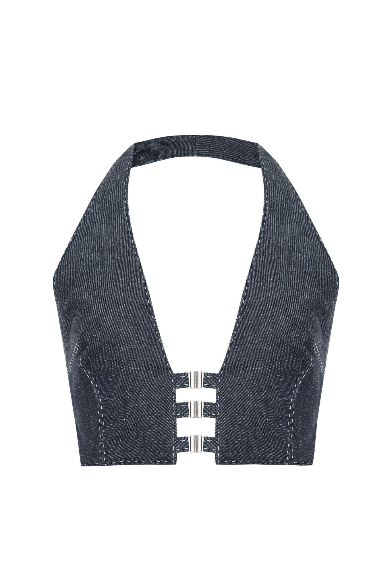 JENDUE Solen Crop - Denim Halter Top with Buckle Detail - Ansley Effect