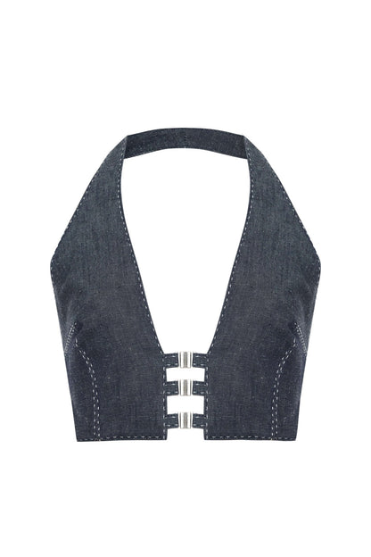 JENDUE Solen Crop - Denim Halter Top with Buckle Detail - Ansley Effect