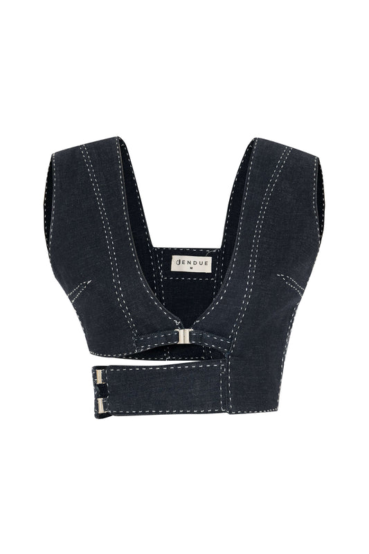 JENDUE Livia Crop - Asymmetric Dark Denim Cut-Out Top